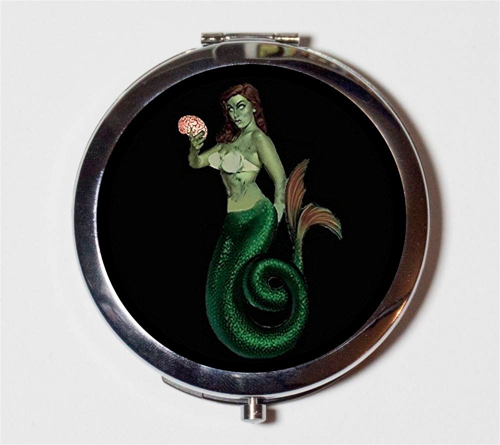 Zombie Mermaid Compact Mirror - Horror Cute and Creepy Pinup Pin Up Girl - Make Up Pocket Mirror for Cosmetics