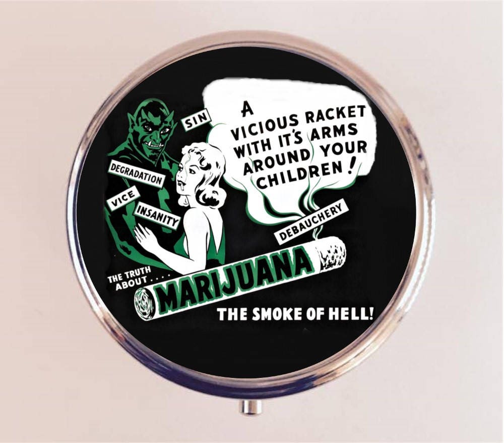 Retro Marijuana Pill Box Case Pillbox Holder Trinket Stash Box Devil's Harvest Cannabis Pot Weed Stoner B-Movie