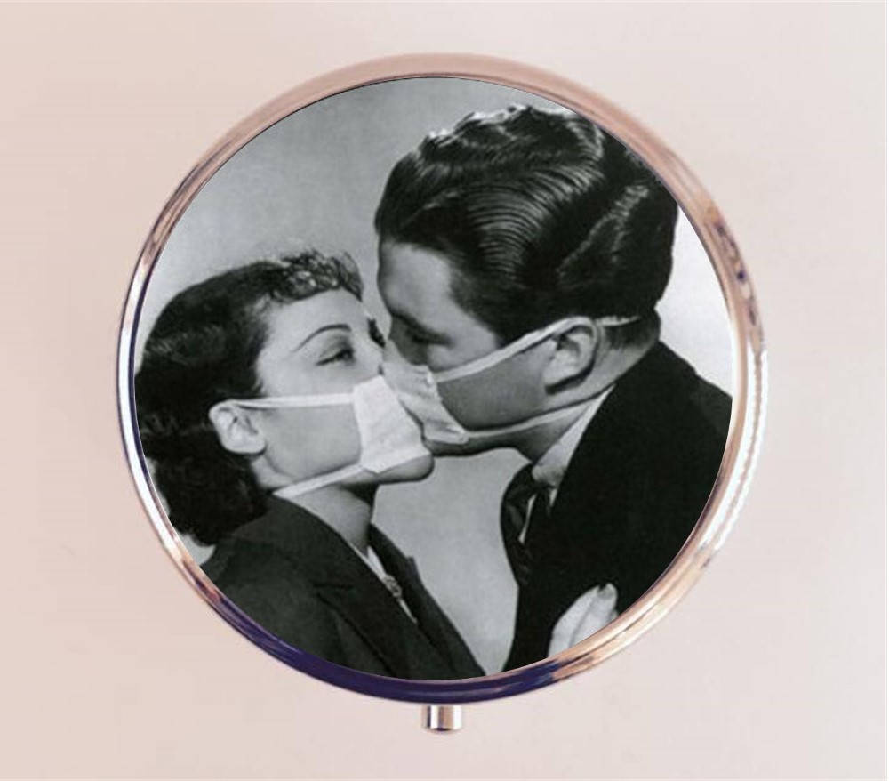 Masked Kiss Pill Box Case Pillbox Holder Trinket Stash Box Kissing Retro Romance 1950s Kitsch