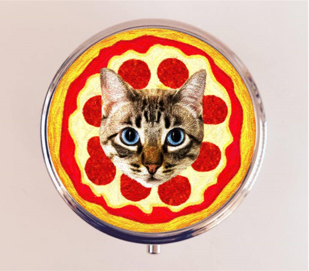 Cat on Pizza Pill Box Case Pillbox Holder Trinket Stash Box Kitten Kawaii Kitsch