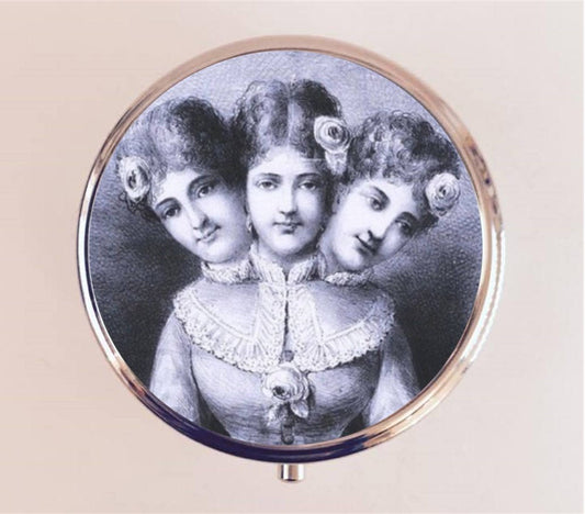 Siamese Twins Pill Box Case Pillbox Holder Trinket Stash Box Three Headed Circus Sideshow Freak Conjoined Twin Woman