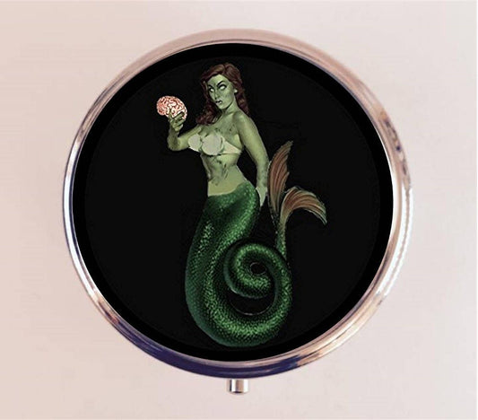 Zombie Mermaid Pill Box Case Pillbox Holder Trinket Stash Box Pinup Pin Up Girl Goth Creepy and Cute Horror