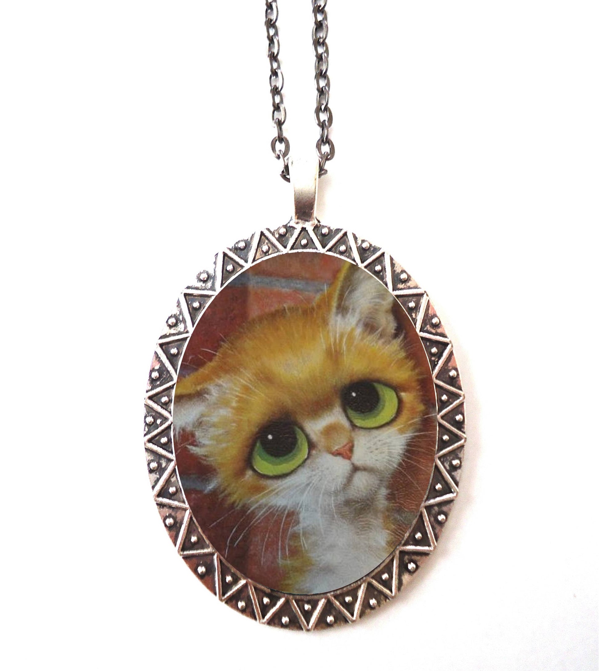 Big Eyed Cat Necklace Pendant Silver Tone - Sad Eyes Retro Kitsch Pity Kitty