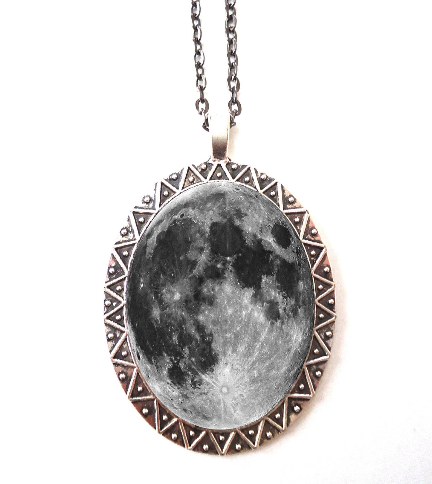 Full Moon Necklace Pendant Silver Tone - Lunar Outerspace Space Universe