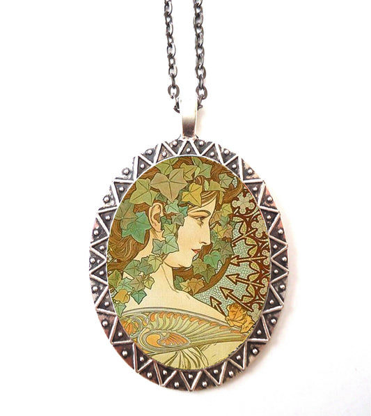 Alphonse Mucha Necklace Pendant Silver Tone - Art Nouveau Boho Bohemian Ivy Cameo Gypsy 2