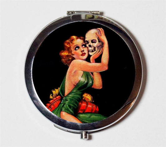 Pulp Skull Woman Compact Mirror - Goth Gothic Art Deco Macabre - Make Up Pocket Mirror for Cosmetics