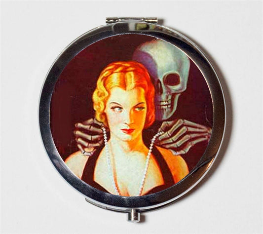 Pulp Skeleton Woman Compact Mirror - Goth Gothic Art Deco Macabre - Make Up Pocket Mirror for Cosmetics