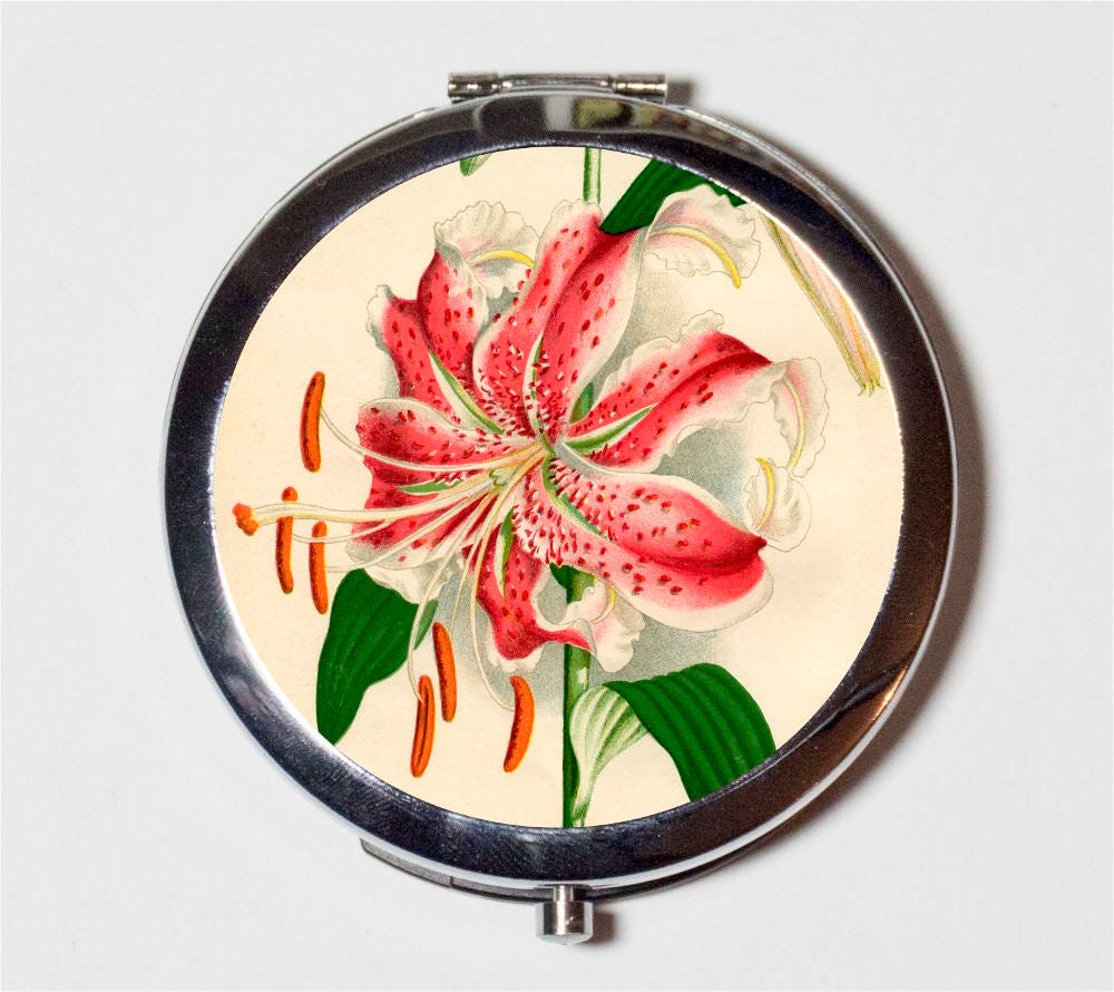 Lily Flower Compact Mirror - Floral Romantic Flowers - Make Up Pocket Mirror for Cosmetics