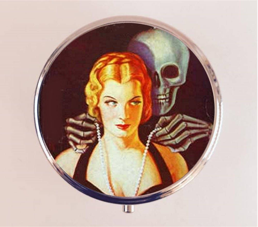 Pulp Fiction Skeleton Pill Box Case Pillbox Holder Trinket Stash Box Woman Macabre Art Deco Goth