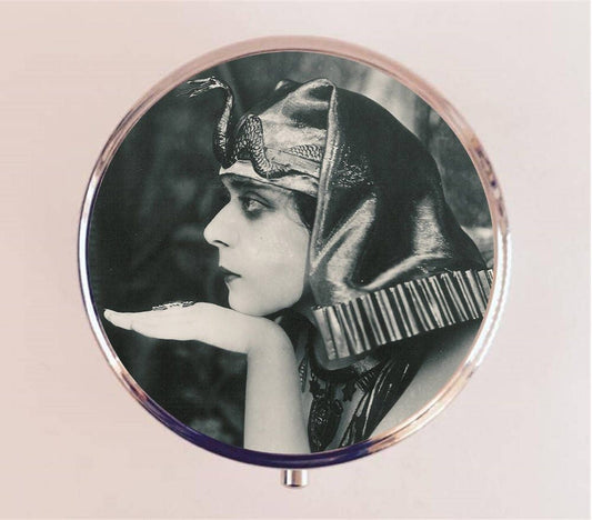 Cleopatra Theda Bara Pill Box Case Pillbox Holder Trinket Stash Box Art Deco Egyptian Vamp Silent Film