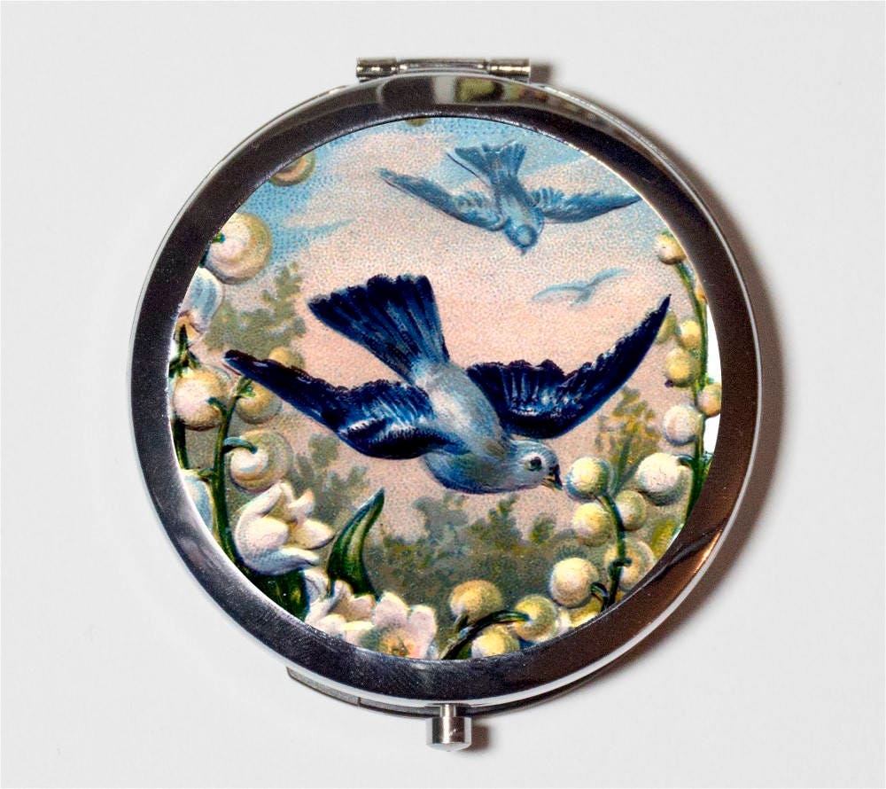 Bluebird Compact Mirror - Blue Bird Illustration Animal Art - Make Up Pocket Mirror for Cosmetics