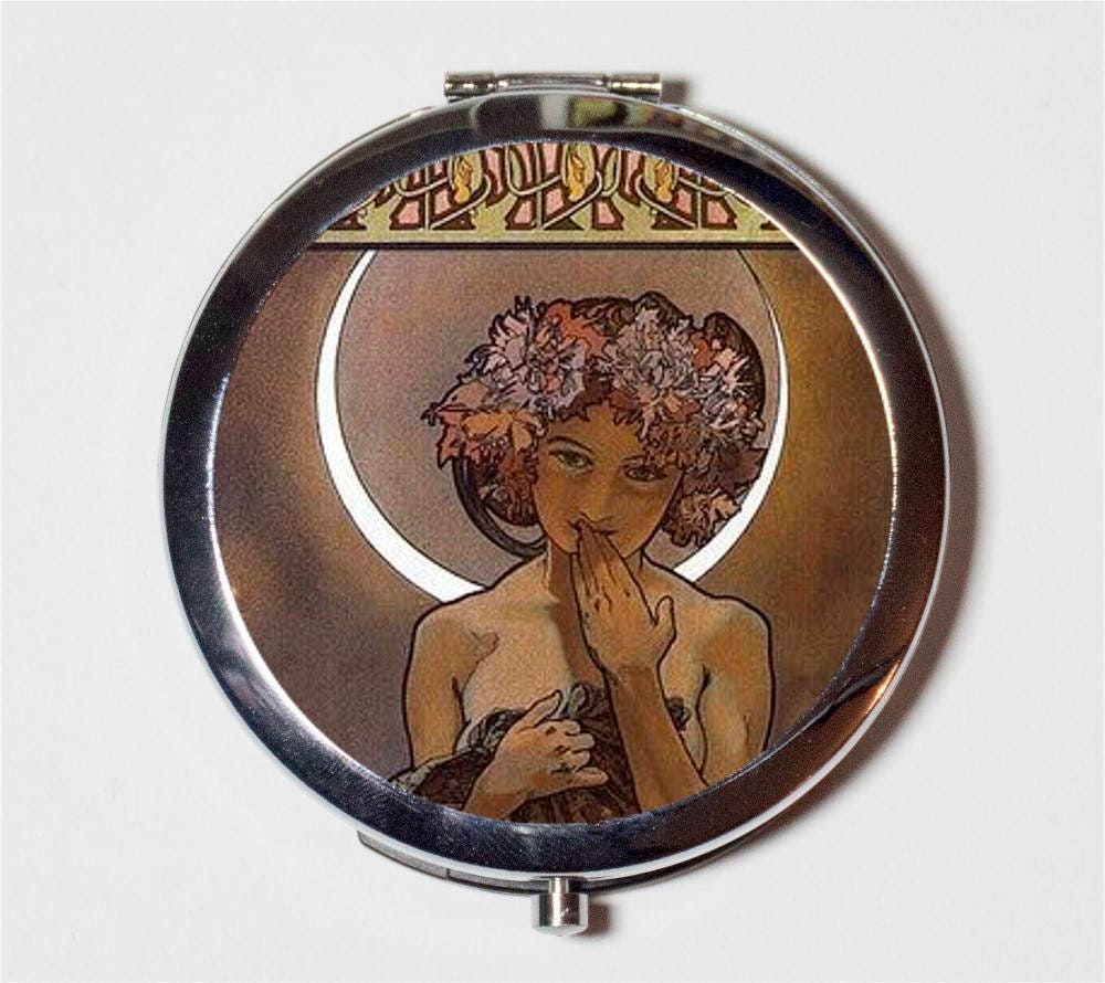 Alphonse Mucha Compact Mirror - Crescent Moon Art Nouveau Boho Gypsy Goddess - Make Up Pocket Mirror for Cosmetics