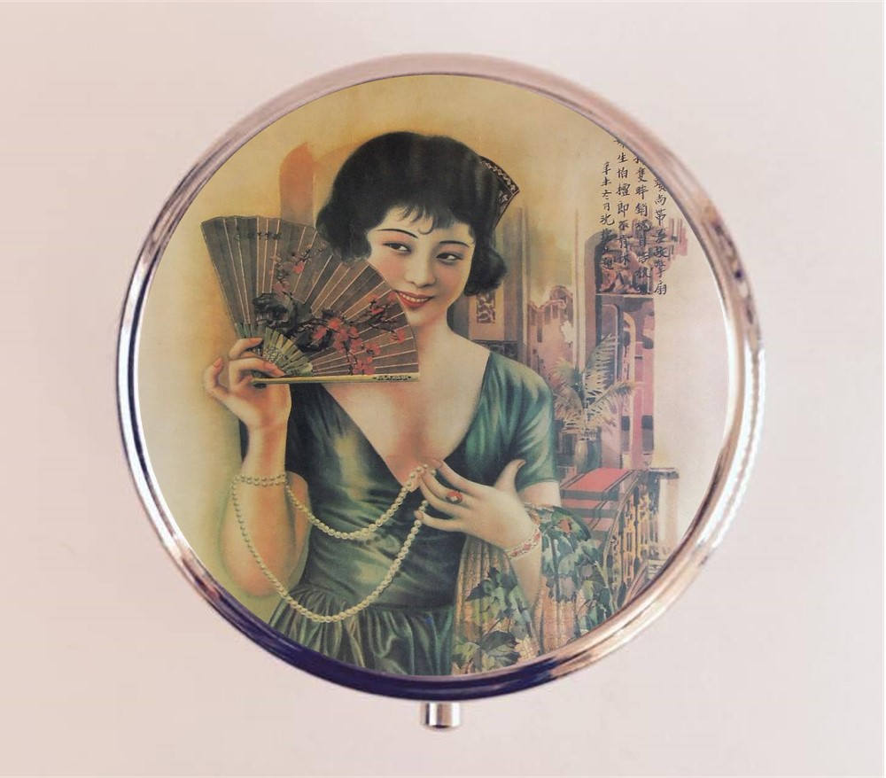 Retro Chinese Woman Pill Box Case Pillbox Holder Trinket Stash Box Glamorous Portrait with Fan