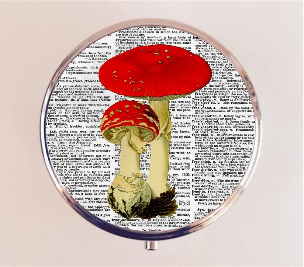 Mushroom Pill Box Case Pillbox Holder Trinket Stash Box Mushrooms Fungus Fungi on Dictionary Page