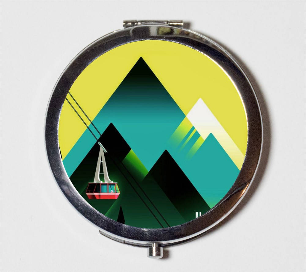 Mountain Skiing Compact Mirror - Art Deco Ski Lift Landscape Travel Poster - Make Up Pocket Mirror for Cosmetics