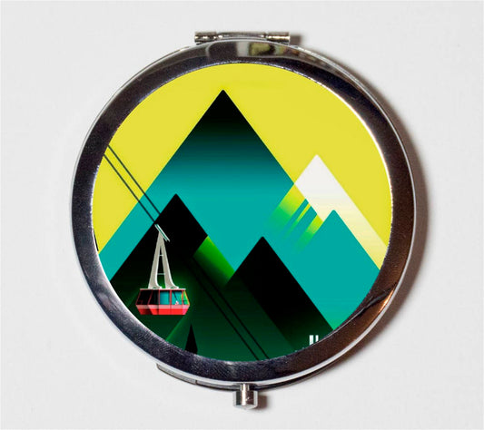 Mountain Skiing Compact Mirror - Art Deco Ski Lift Landscape Travel Poster - Make Up Pocket Mirror for Cosmetics