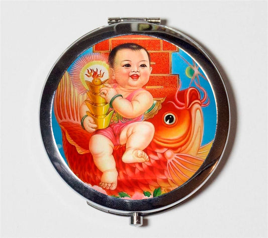 Chinese New Year Compact Mirror - Baby with Koi Gold Fish Goldfish - Make Up Pocket Mirror for Cosmetics