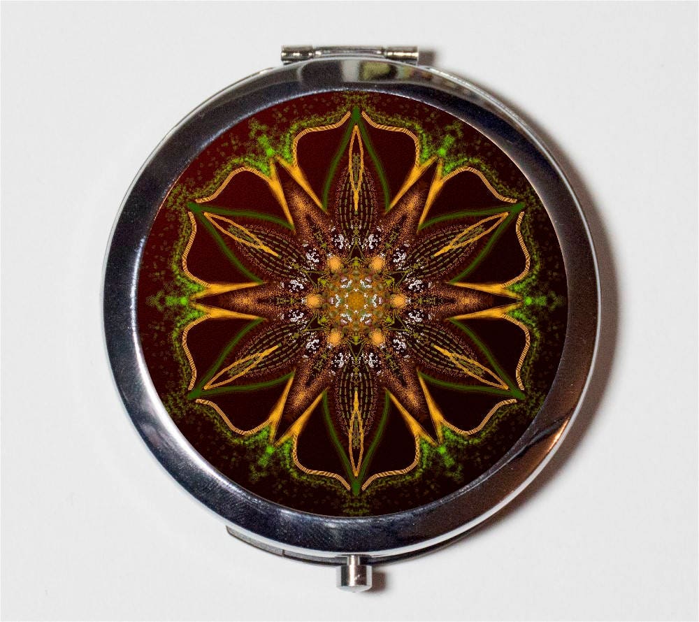 Mandala Earth Tone Compact Mirror - Spiritual New Age Spirituality Buddhism - Make Up Pocket Mirror for Cosmetics