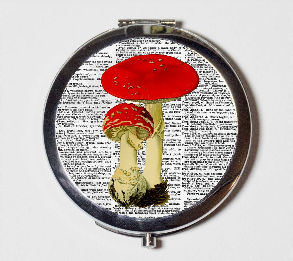 Mushroom Compact Mirror - Shrooms Fungus Fungi Plant Medicine Dictionary Page - Make Up Pocket Mirror for Cosmetics