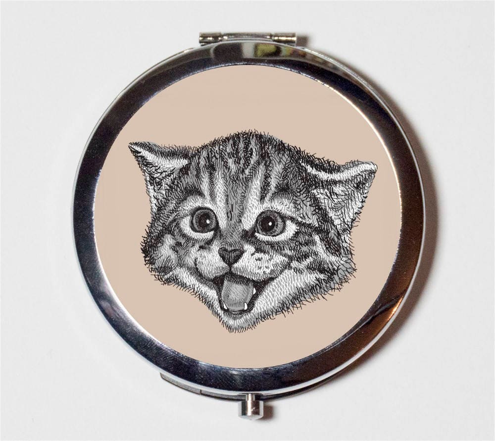 Happy Cat Compact Mirror - Kawaii Animal Pop Art - Make Up Pocket Mirror for Cosmetics