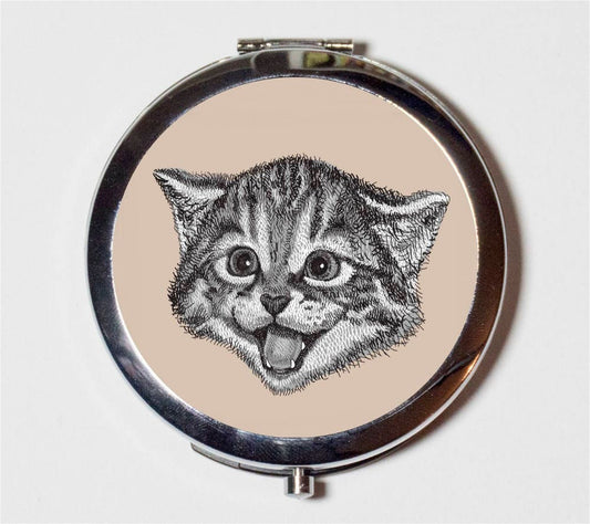 Happy Cat Compact Mirror - Kawaii Animal Pop Art - Make Up Pocket Mirror for Cosmetics