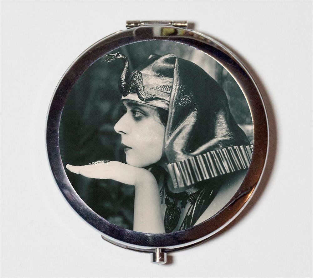 Art Deco Cleopatra Compact Mirror - Vamp Silent Film Theda Bara Egyptian - Make Up Pocket Mirror for Cosmetics