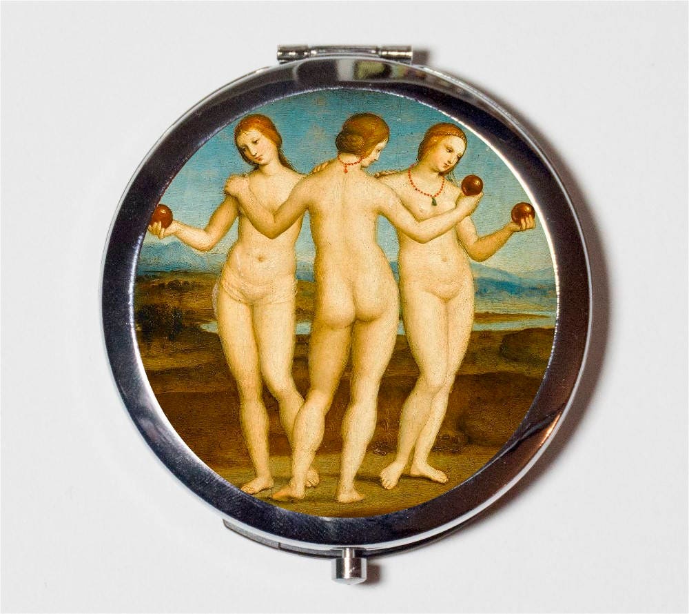 Three Graces Compact Mirror - Fine Art Painting Goddess Greek Mythology - Make Up Pocket Mirror for Cosmetics