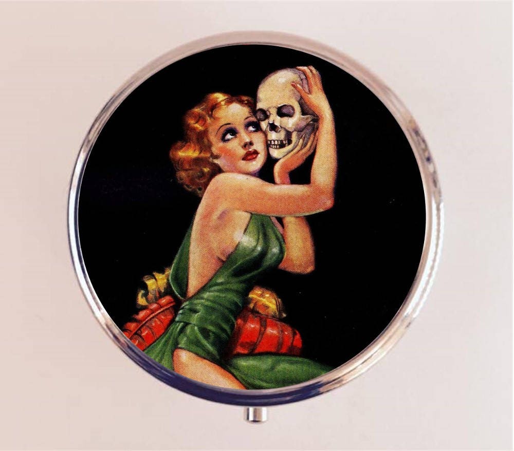 Pulp Fiction Skull Pill Box Case Pillbox Holder Trinket Stash Box Woman Macabre Art Deco Goth