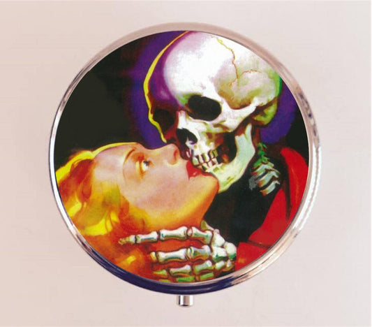 Pulp Fiction Necromance Pill Box Case Pillbox Holder Trinket Stash Box Woman Skeleton Kiss Macabre Art Deco Goth