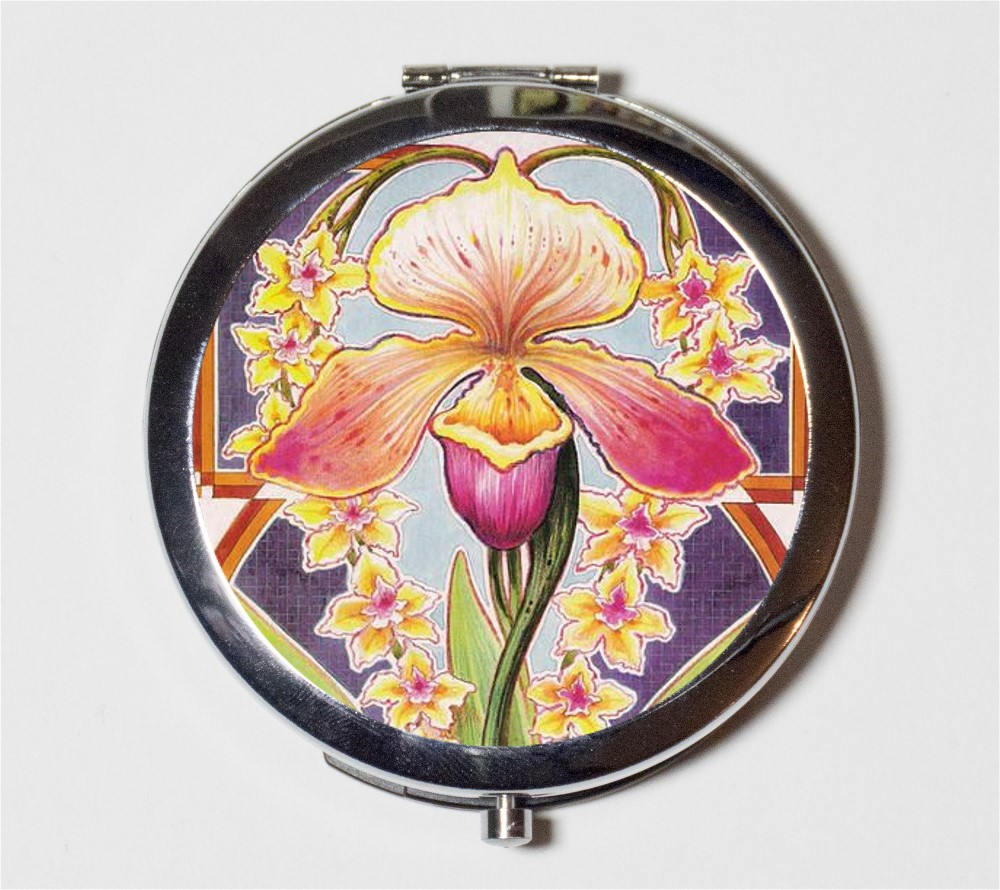 Art Nouveau Flower Compact Mirror - Pink Floral Art Deco - Make Up Pocket Mirror for Cosmetics