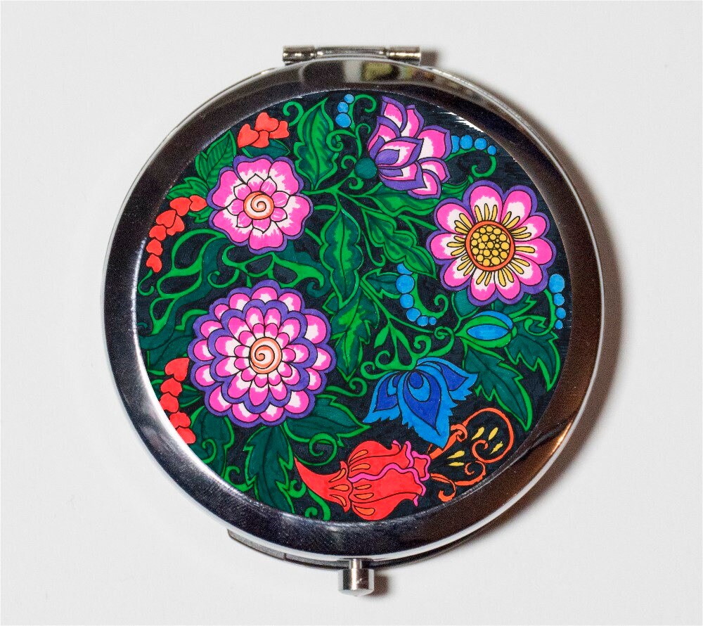 Flower Mandala Compact Mirror - Floral Psychedelic Flowers Garden - Make Up Pocket Mirror for Cosmetics