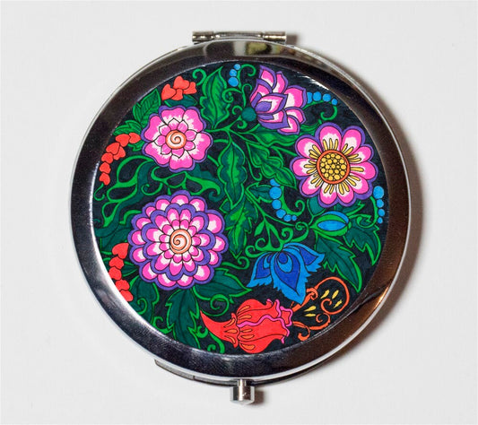 Flower Mandala Compact Mirror - Floral Psychedelic Flowers Garden - Make Up Pocket Mirror for Cosmetics