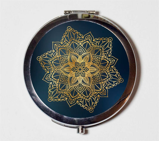 Blue and Gold Mandala Compact Mirror - Spiritual Spirituality Zen Buddhist New Age Yoga - Make Up Pocket Mirror for Cosmetics