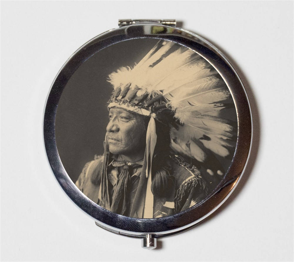 Native American Man Compact Mirror - Antique Photo Photography - Make Up Pocket Mirror for Cosmetics