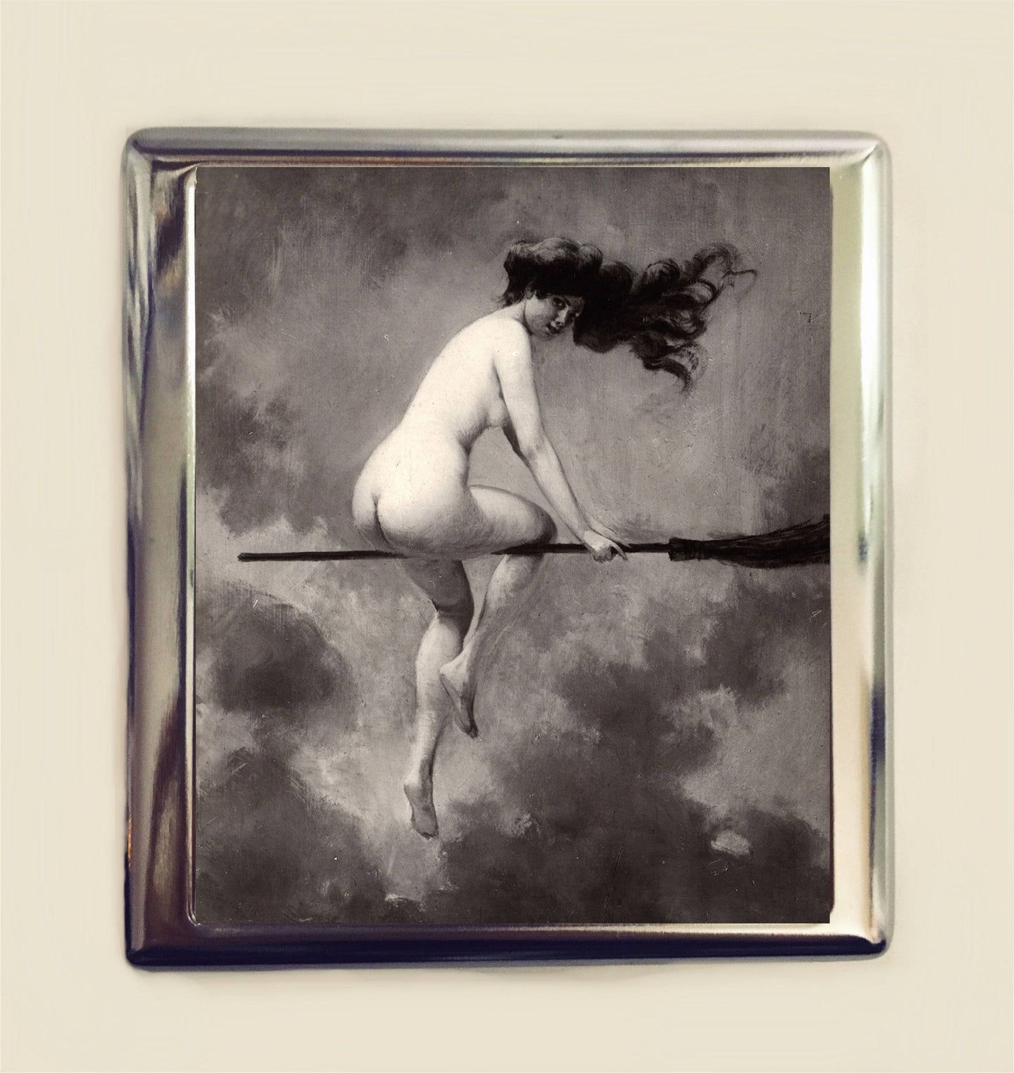 Abert Penot Witch Cigarette Case Business Card ID Holder Wallet - Goth Victorian Macabre Dark Art Woman on Broom Halloween