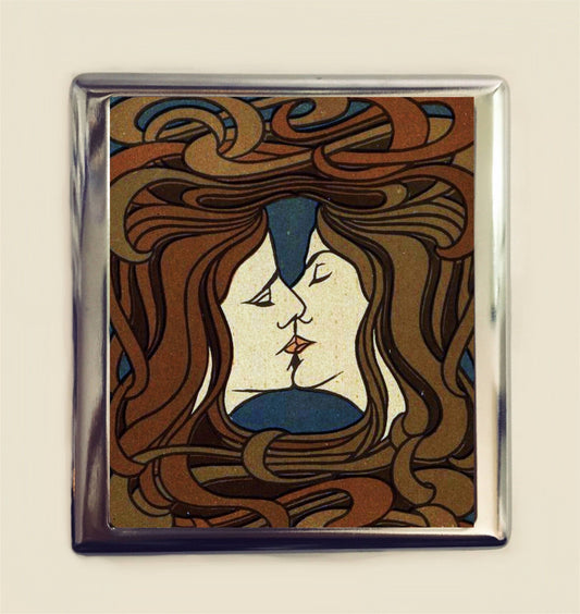 Art Nouveau Kiss Cigarette Case Business Card ID Holder Wallet Art Deco Lesbian LGBT Women Kissing