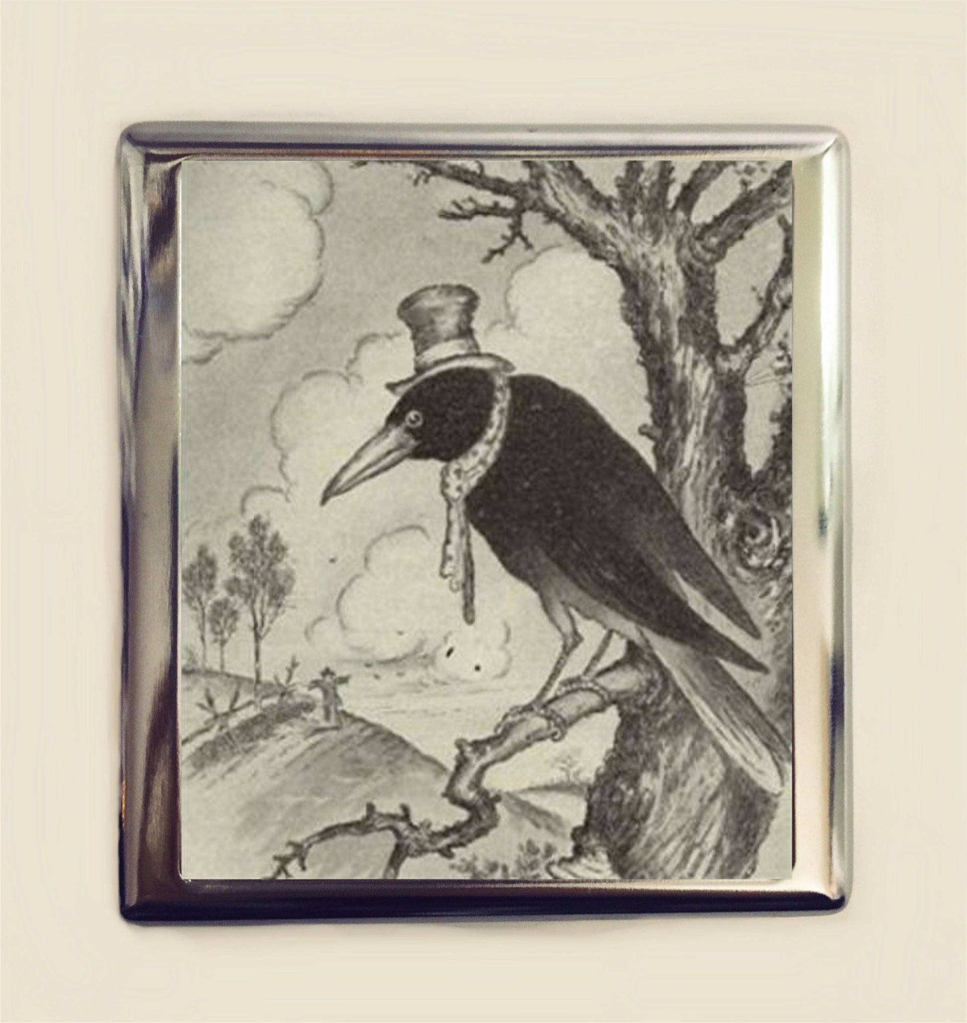 Crow in Hat Cigarette Case Business Card ID Holder Animal Art Black Bird Blackbird Whimsical Anthropomorphic