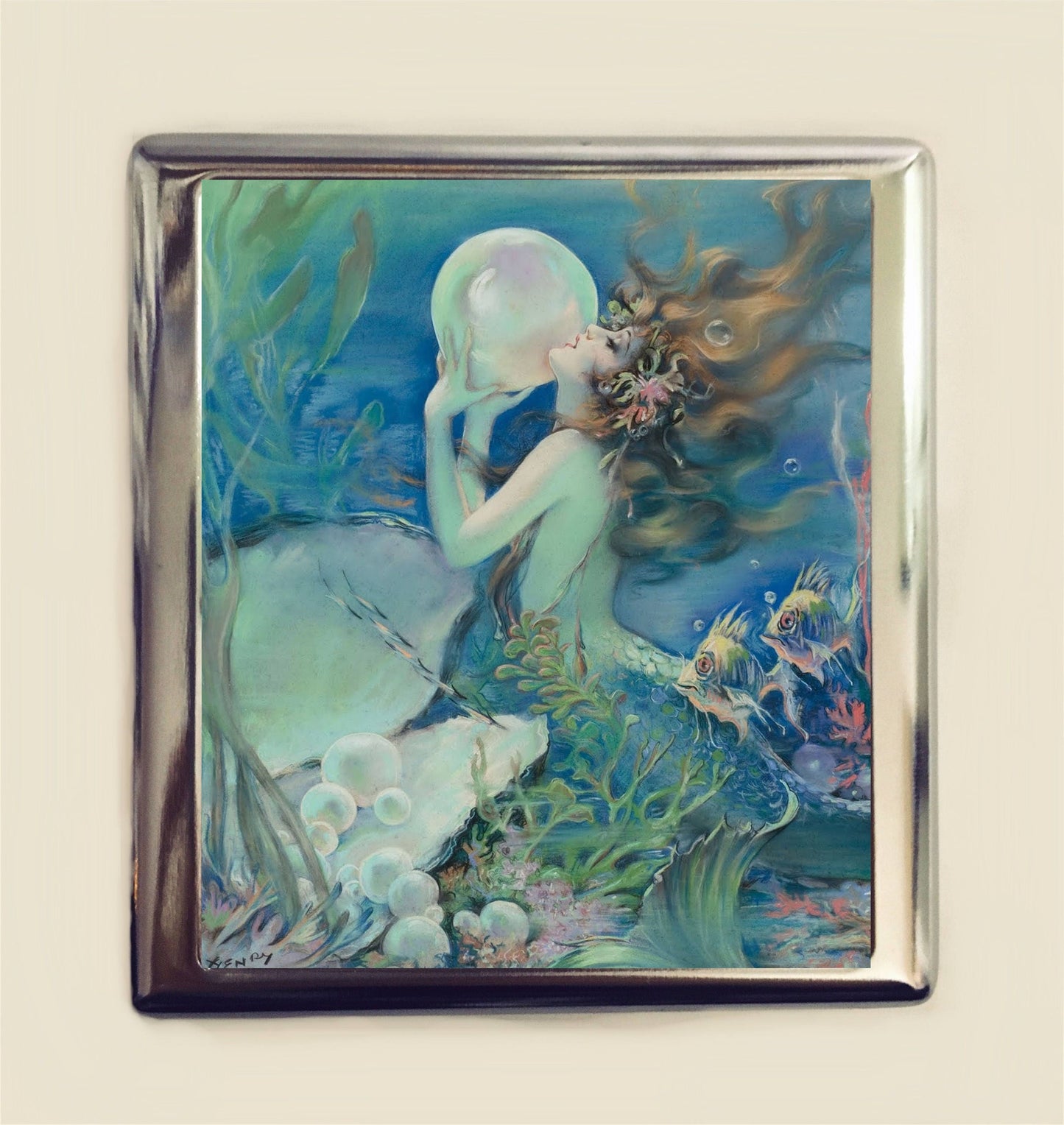 Mermaid Pearl Cigarette Case Business Card ID Holder Art Nouveau Art Deco Art