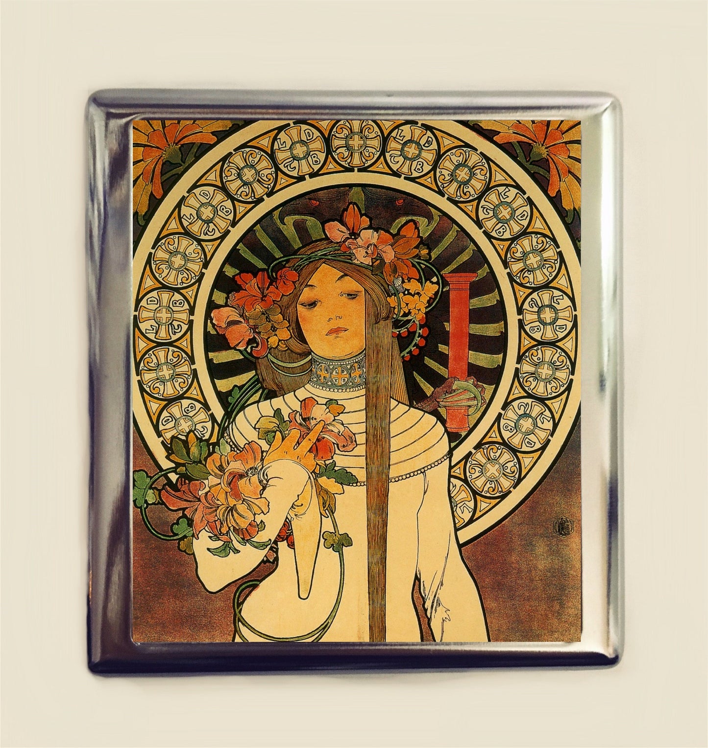 Alphonse Mucha Bouquet Cigarette Case Business Card ID Holder Art Nouveau Art Deco Art Flapper Edwardian Boho Bohemian