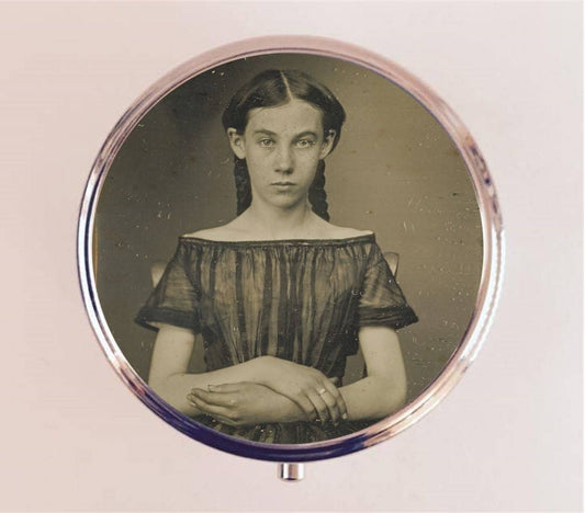 Victorian Girl Pill Box Case Pillbox Holder Trinket Stash Box Antique Photo Photography Daguerreotype