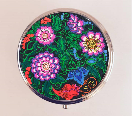 Mod Flower Pill Box Case Pillbox Holder Trinket Stash Box Flowers Floral Bright Colors