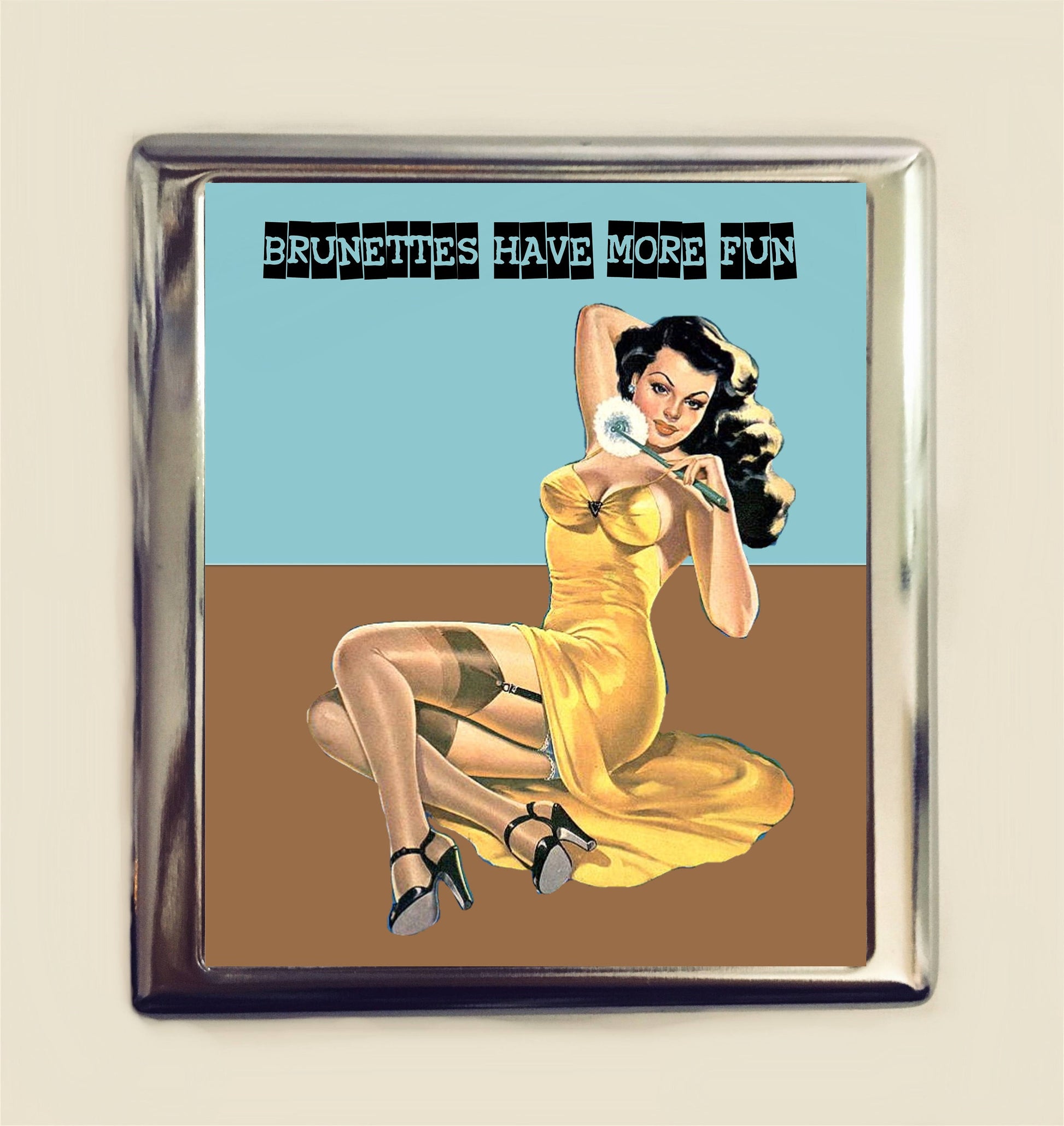 Brunettes Have More Fun Cigarette Case Business Card ID Holder Wallet Retro Humor Funny Pin Up Sarcastic Pinup