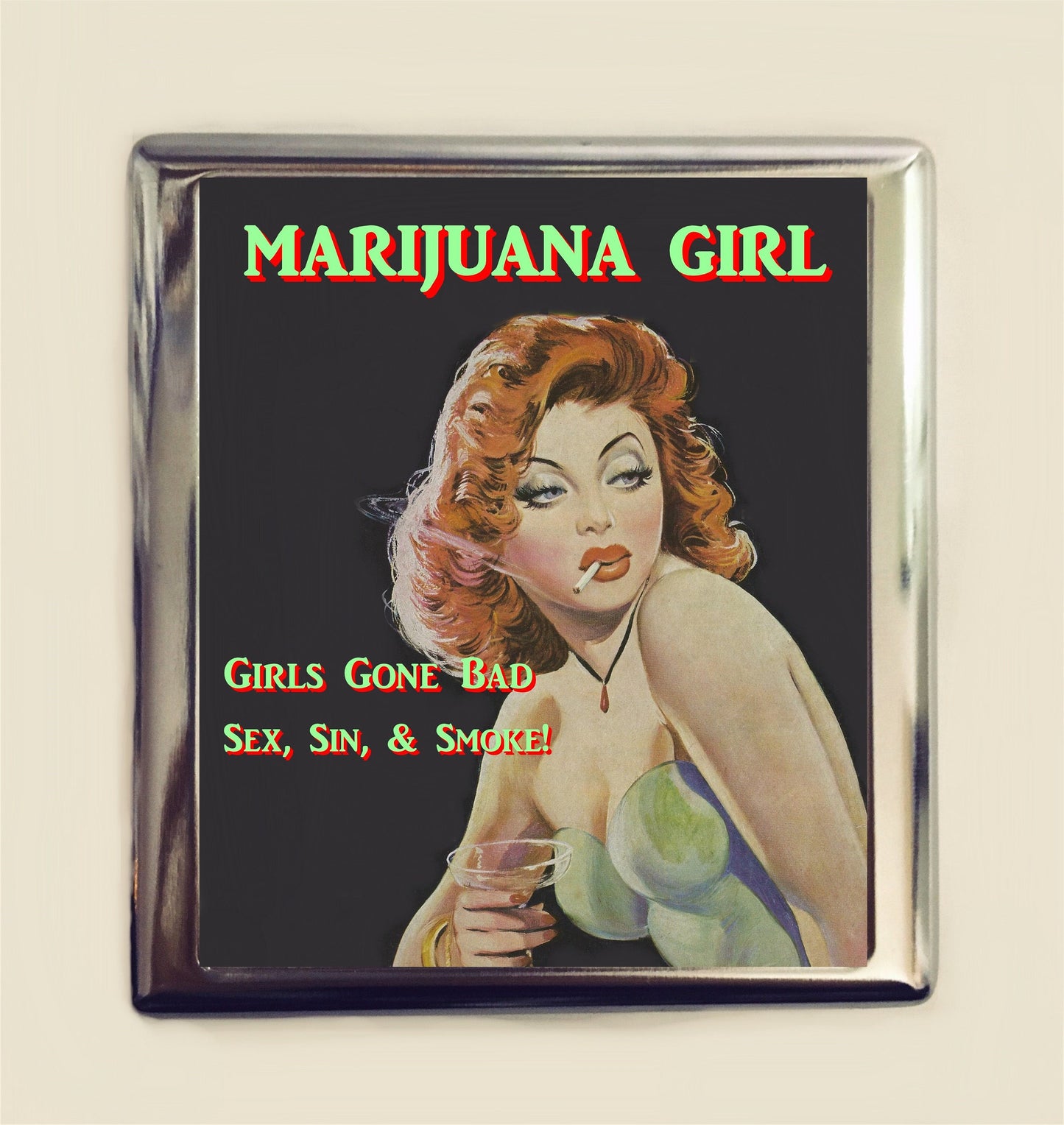 Marijuana Girl Cigarette Case Business Card ID Holder Wallet Cannabis Retro Stoner Smoking Weed Stoned Pulp Pinup Campy