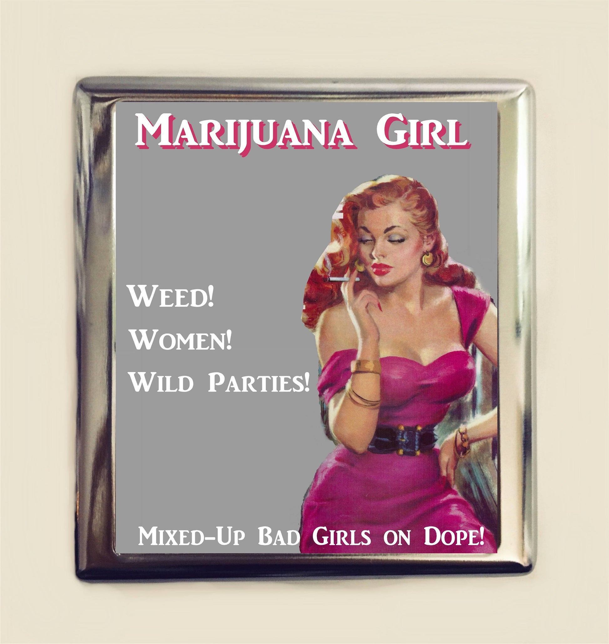 Marijuana Girl Cigarette Case Business Card ID Holder Wallet Cannabis Retro Stoner Smoking Weed Stoned Two Pulp Pinup Campy Three