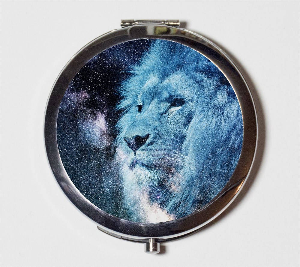 Blue Lion Compact Mirror - Spirit Animal Lions Jungle Pop Art Fantasy - Make Up Pocket Mirror for Cosmetics