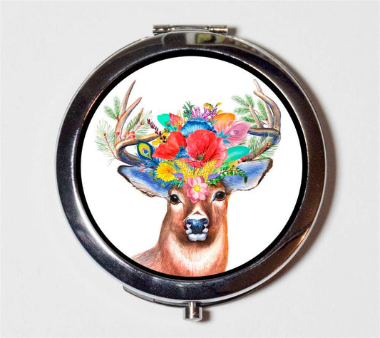 Flower Deer Compact Mirror - Floral Stag Animal Art Woodland Creature - Make Up Pocket Mirror for Cosmetics