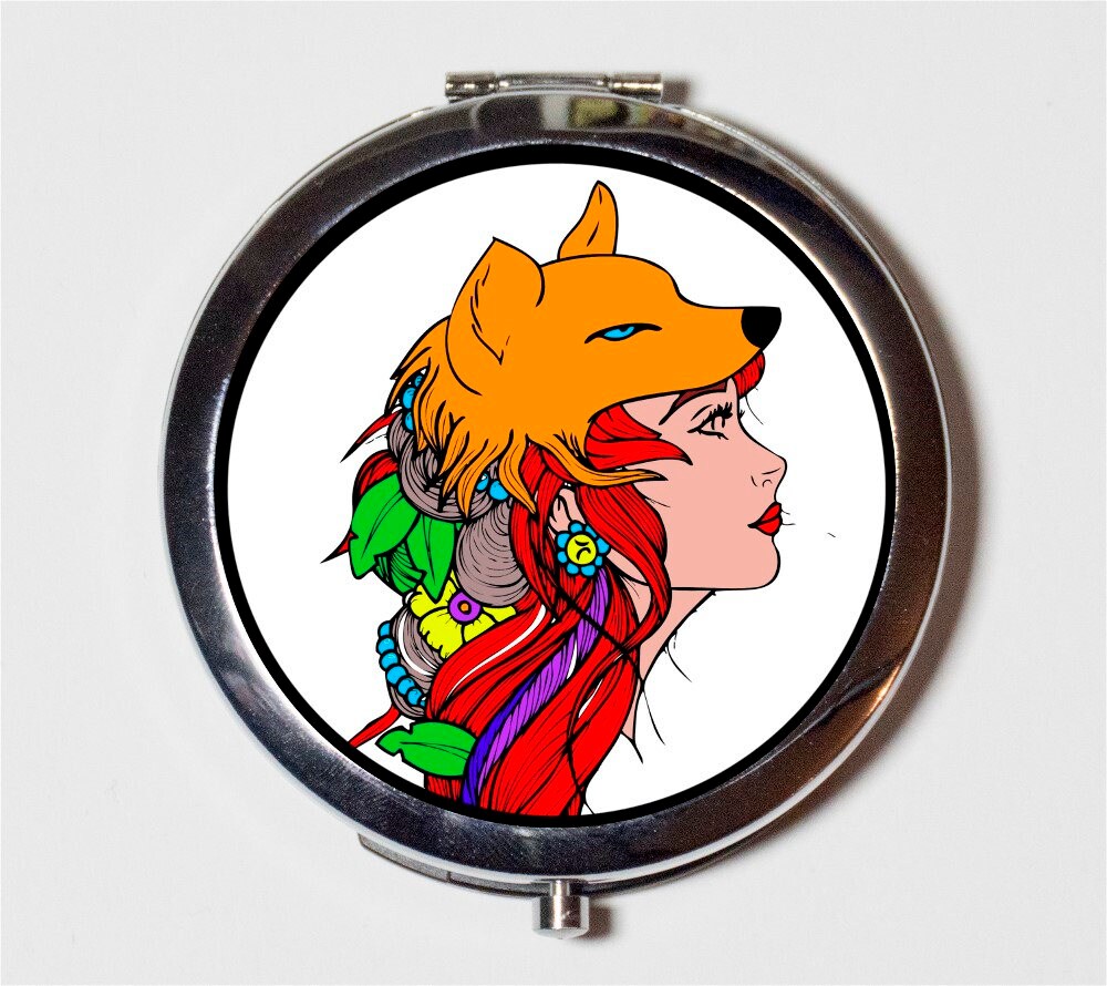 Fox Tattoo Woman Compact Mirror - Spirit Animal Tribal Flash - Make Up Pocket Mirror for Cosmetics