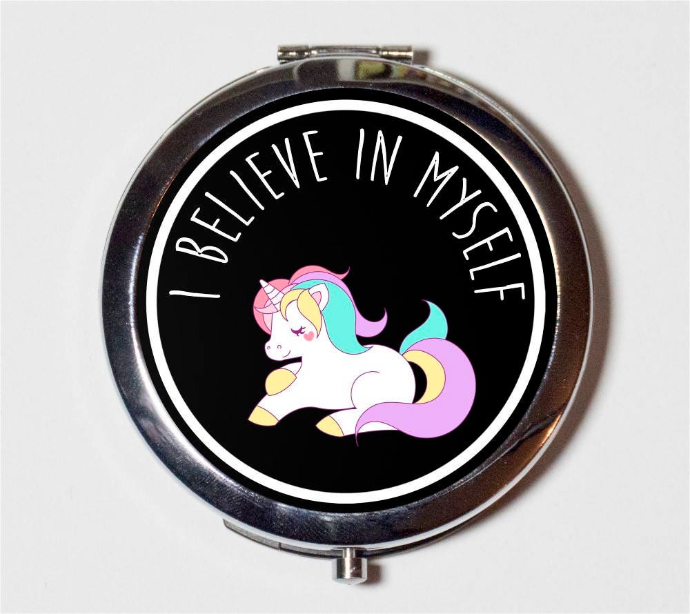 Unicorn I Believe in Myself Compact Mirror - Funny Inspirational Motivational - Make Up Pocket Mirror for Cosmetics