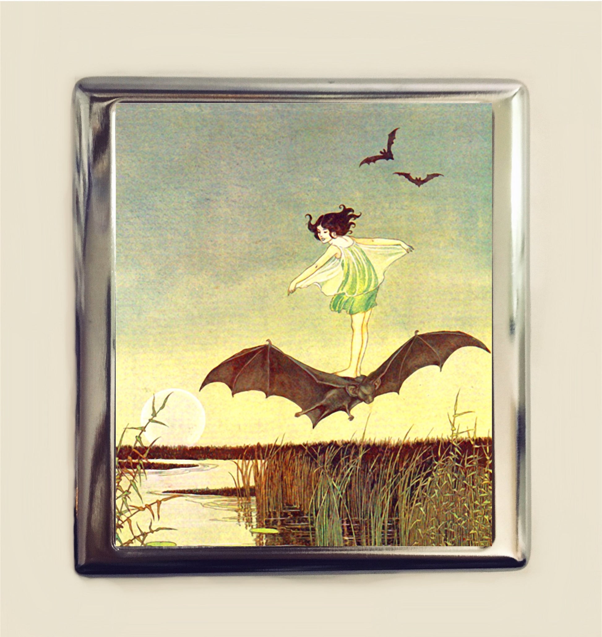 Bat Rider Cigarette Case Business Card ID Holder Wallet Girl Riding Bat Storybook Illustration Goth