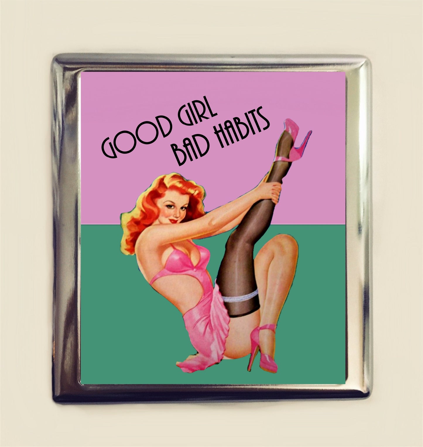 Good Girl Bad Habits Cigarette Case Business Card ID Holder Wallet Pinup Girl Pin Up Funny Retro Humor